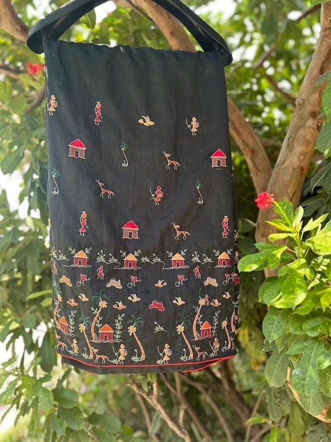 A Black Warli Art Thread Work Cotton Silk Saree