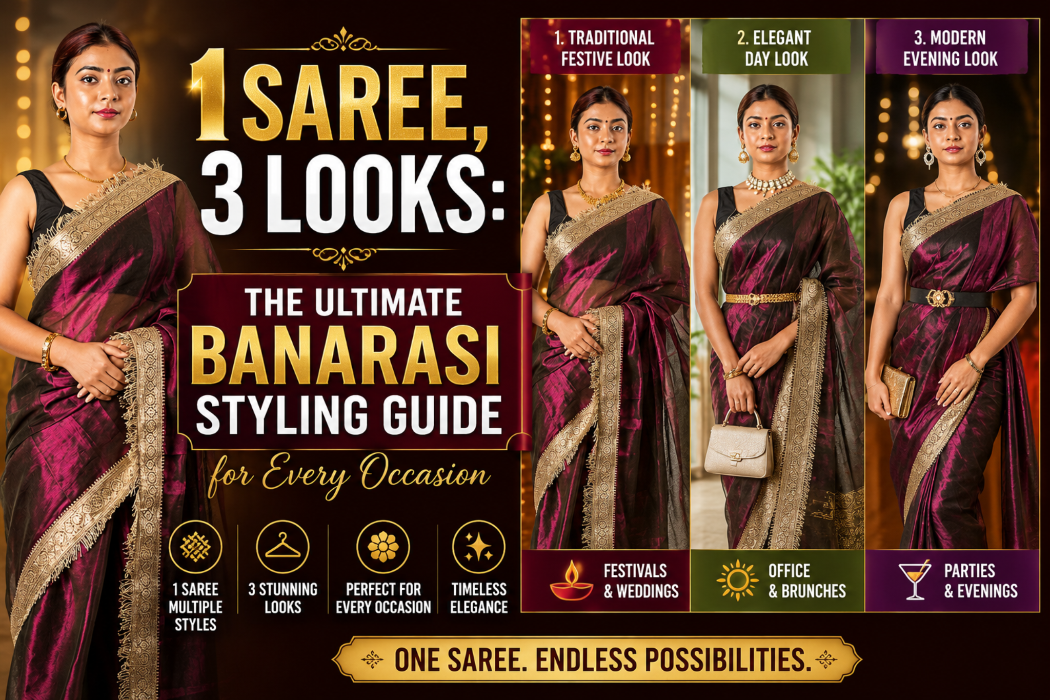 1 Saree, 3 Looks: The Ultimate Banarasi Styling Guide for Every Occasion