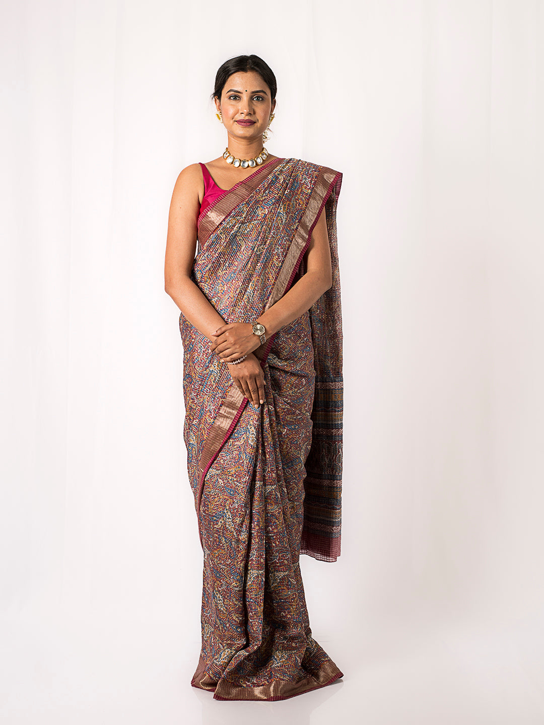 Unique Check Mehroon Saree with Zari Border in Pure Silk