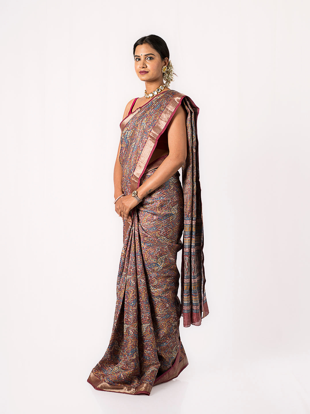 Unique Check Mehroon Saree with Zari Border in Pure Silk