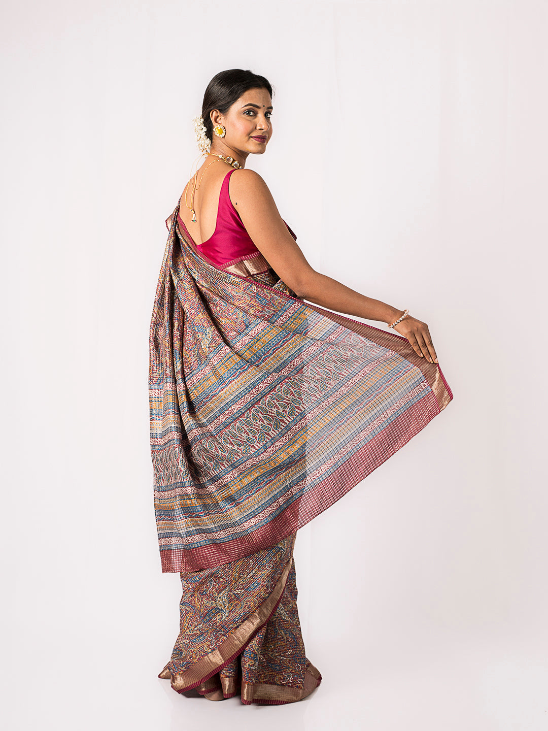 Unique Check Mehroon Saree with Zari Border in Pure Silk