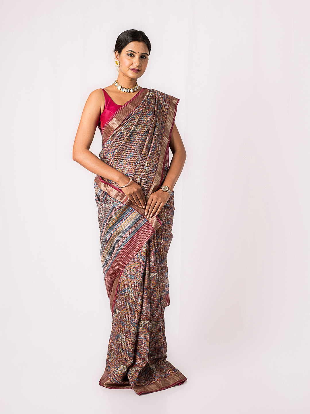 Unique Check Mehroon Saree with Zari Border in Pure Silk