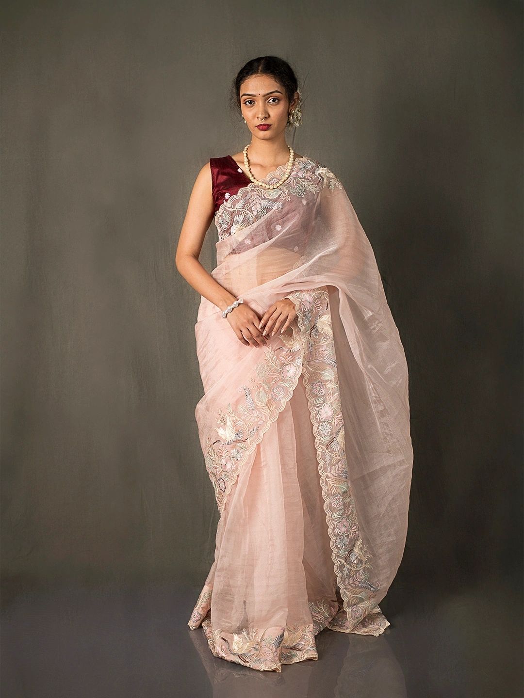Whispering Blooms Baby Pink Organza Silk Saree