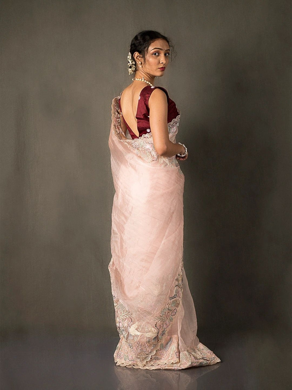 Whispering Blooms Baby Pink Organza Silk Saree