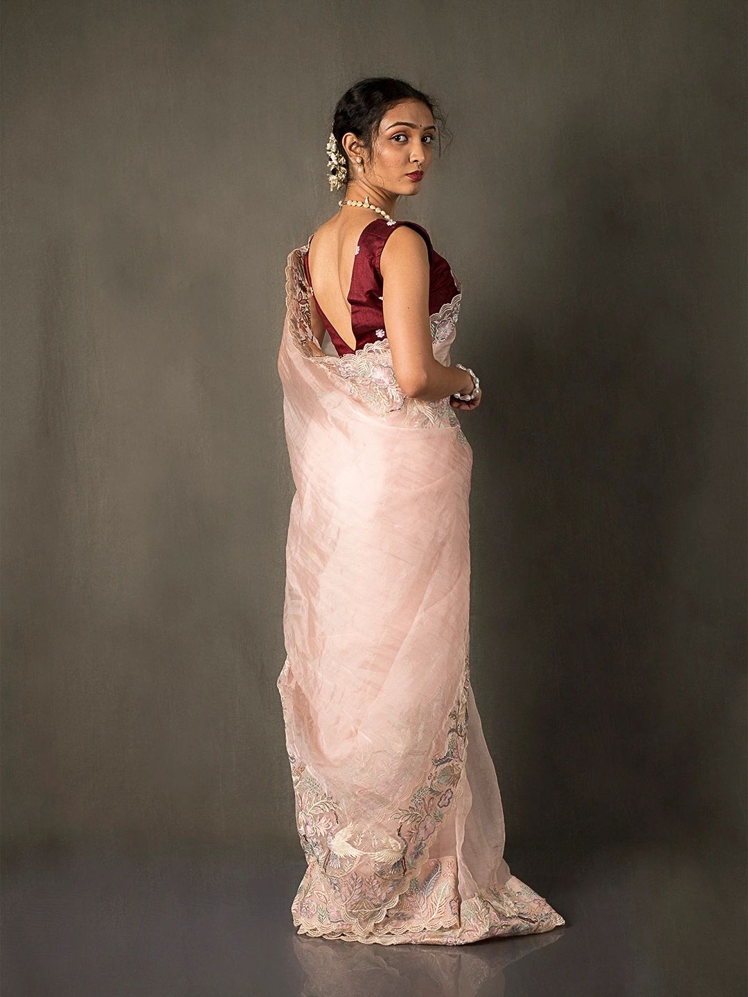 Whispering Blooms Baby Pink Organza Silk Saree