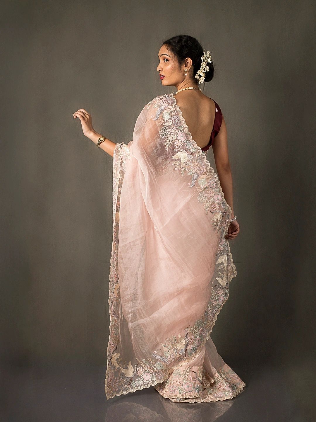 Whispering Blooms Baby Pink Organza Silk Saree