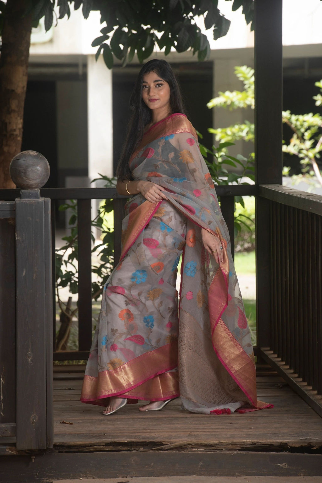 Cool Grey Floral Organza Silk