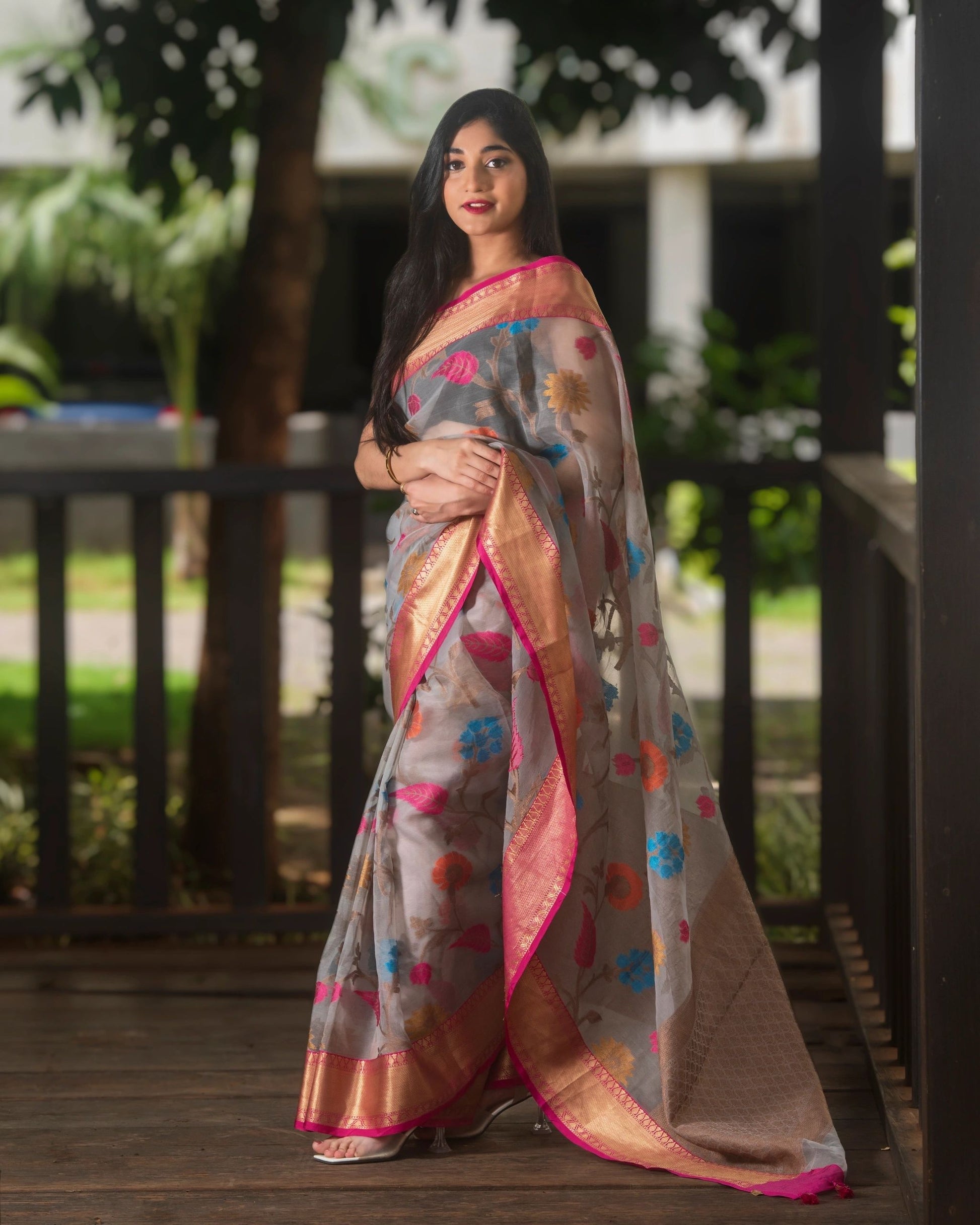 Cool Grey Floral Organza Silk