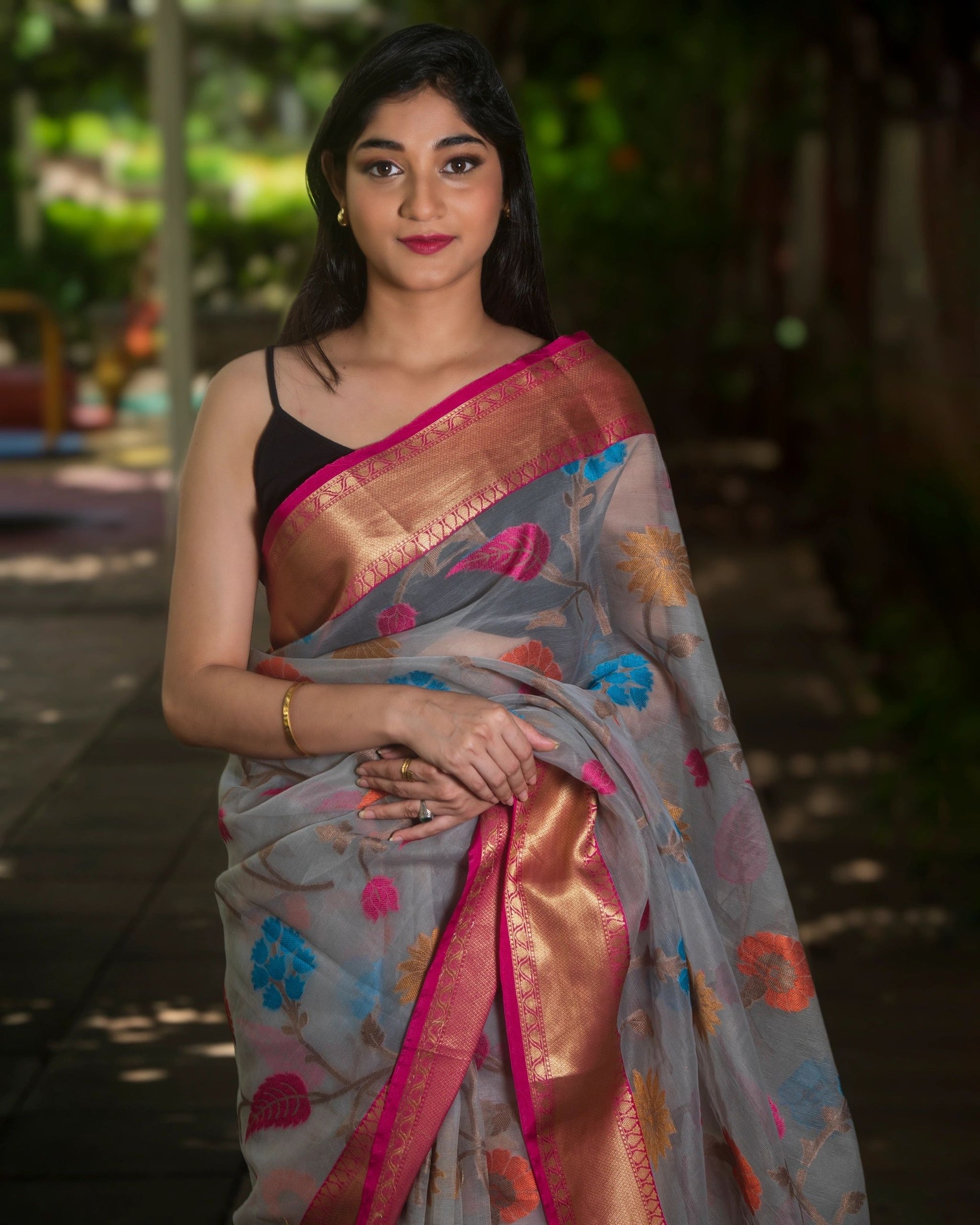 Cool Grey Floral Organza Silk