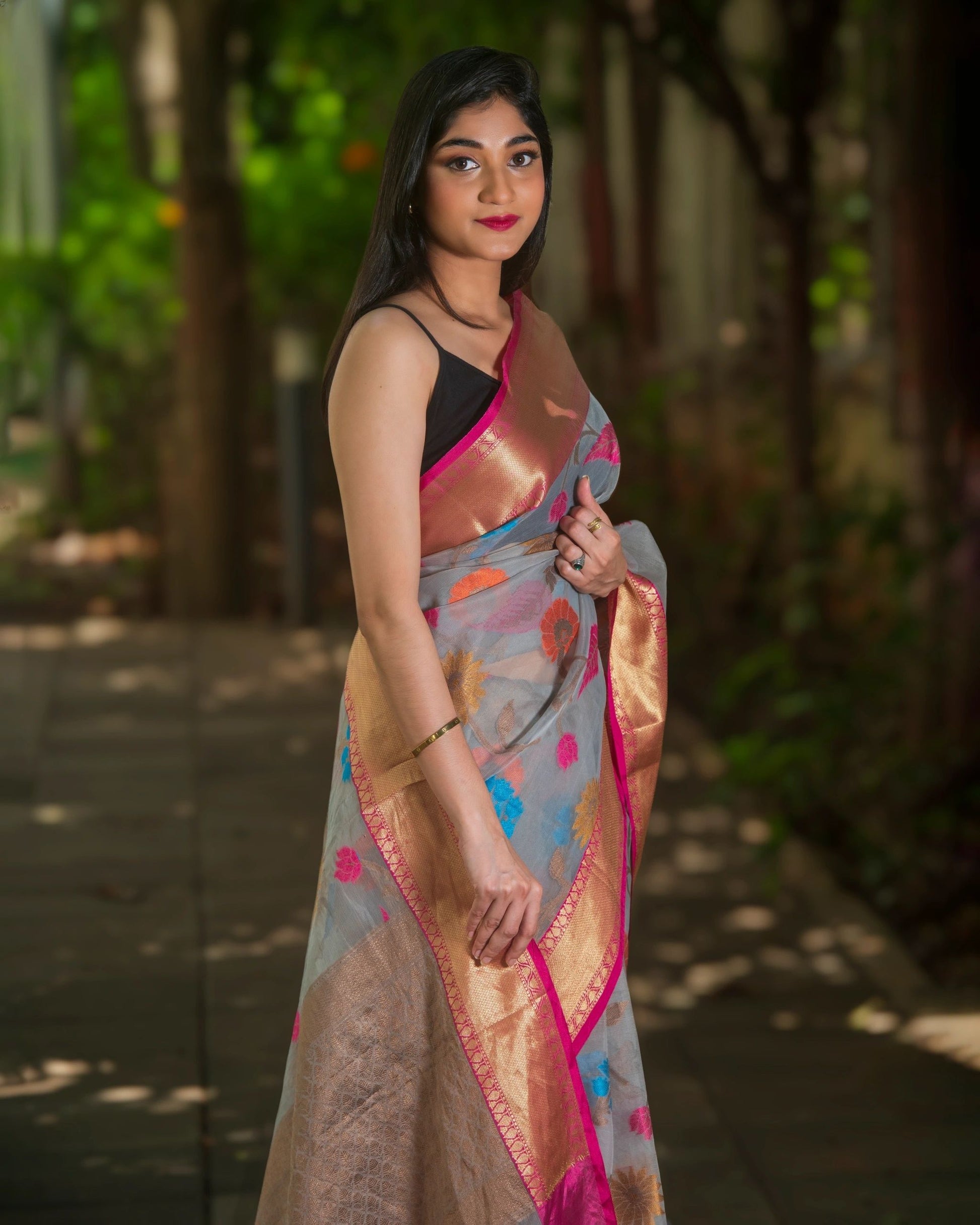 Cool Grey Floral Organza Silk