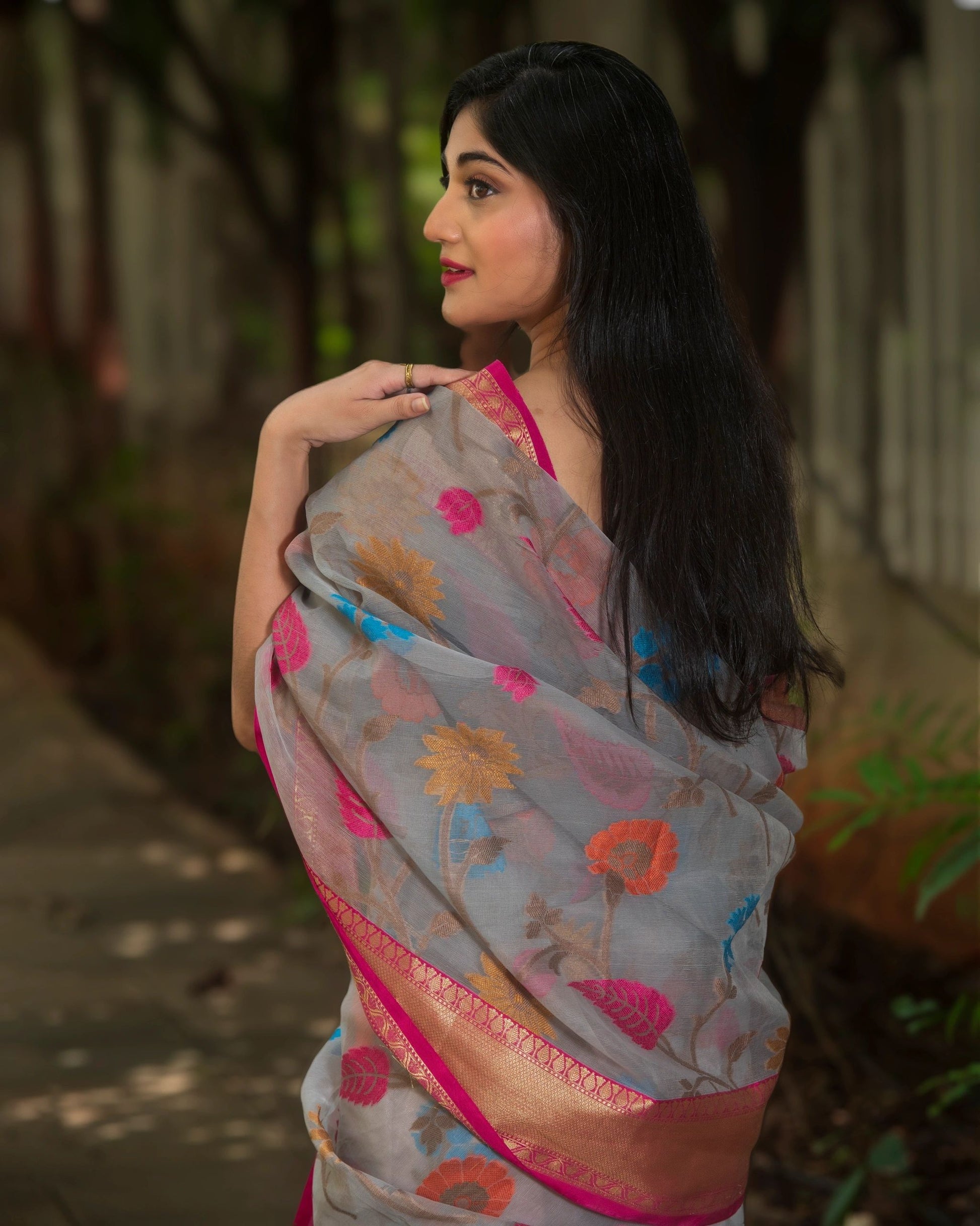 Cool Grey Floral Organza Silk