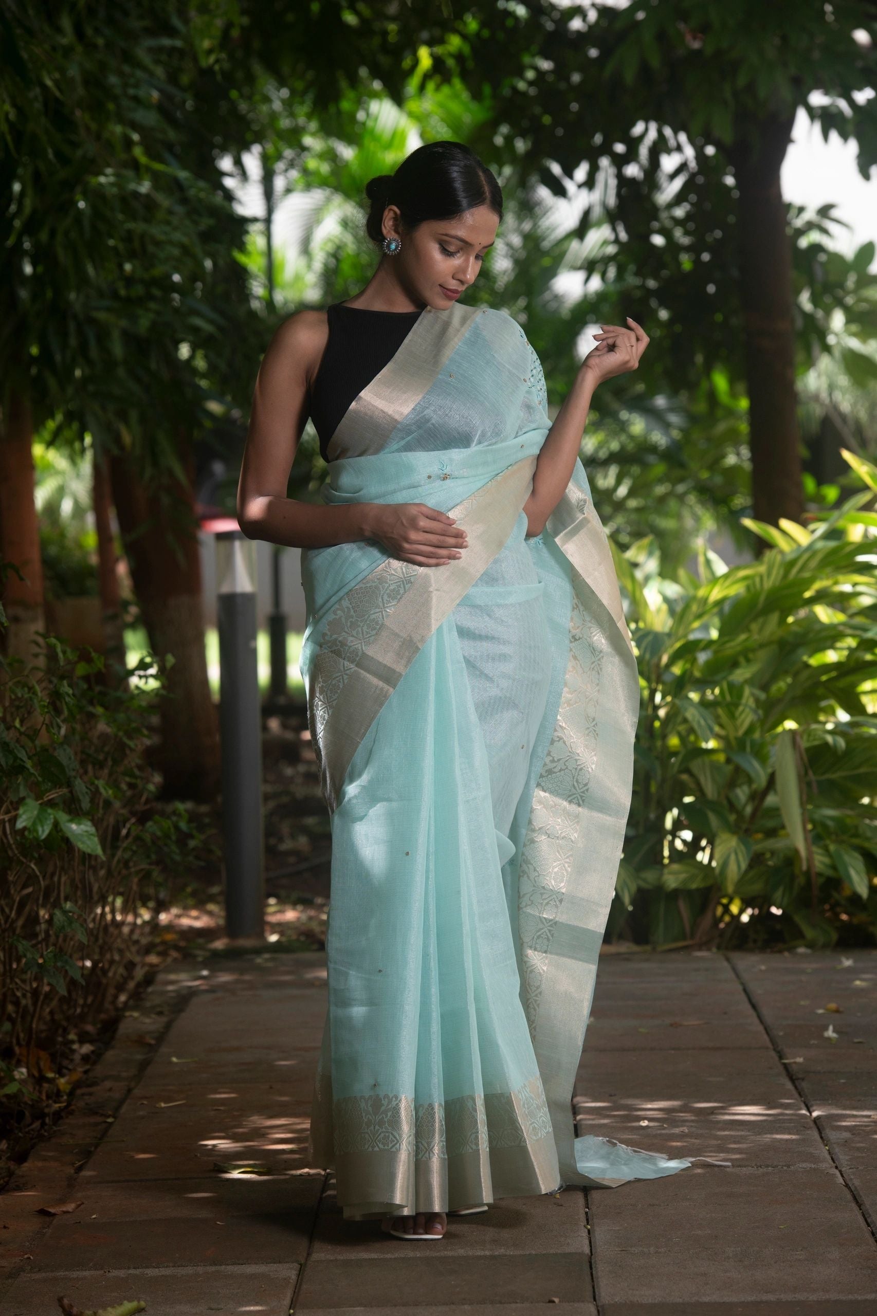 Sea Green Embellished Jute Saree | Weave Owl handwoven in banaras