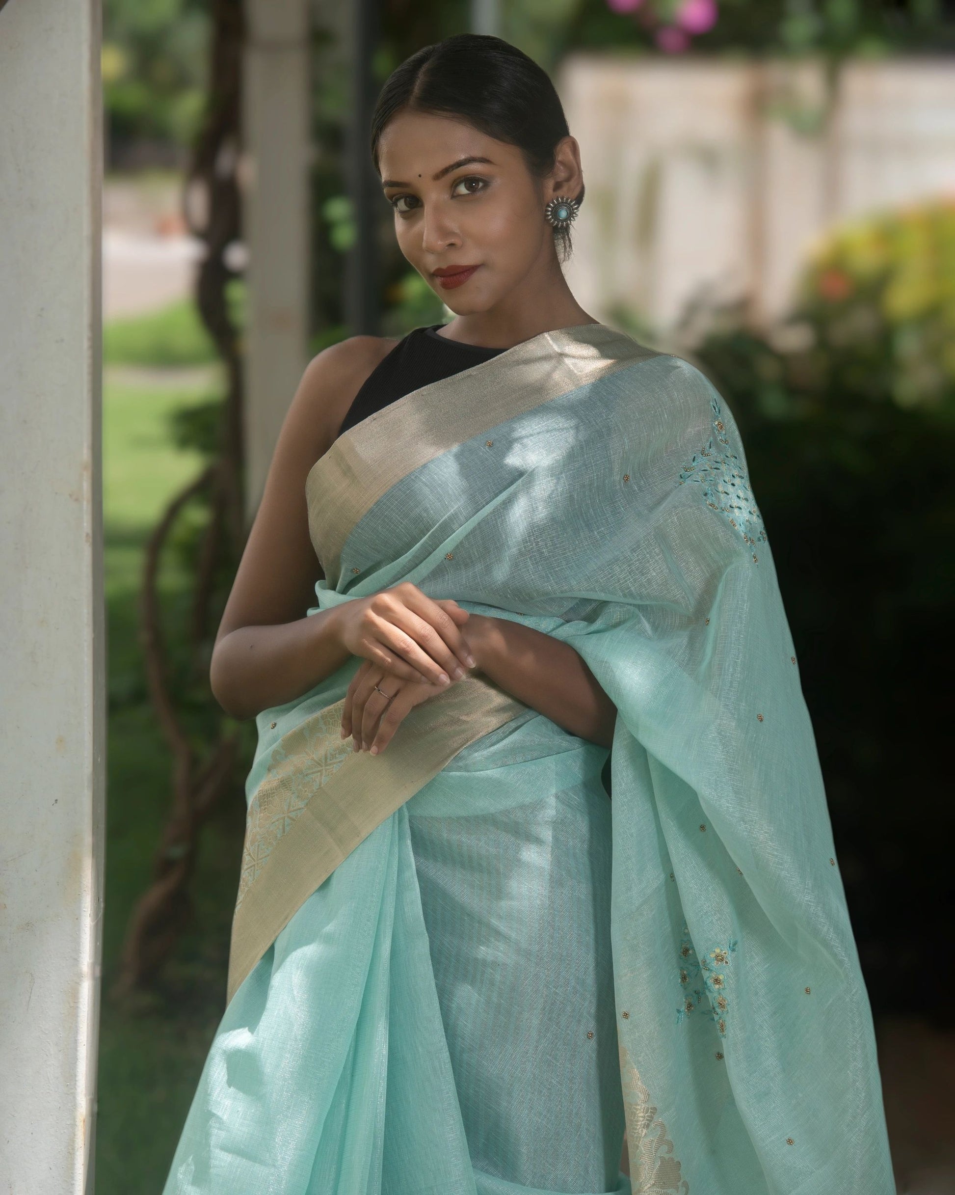 Sea Green Embellished Jute Saree