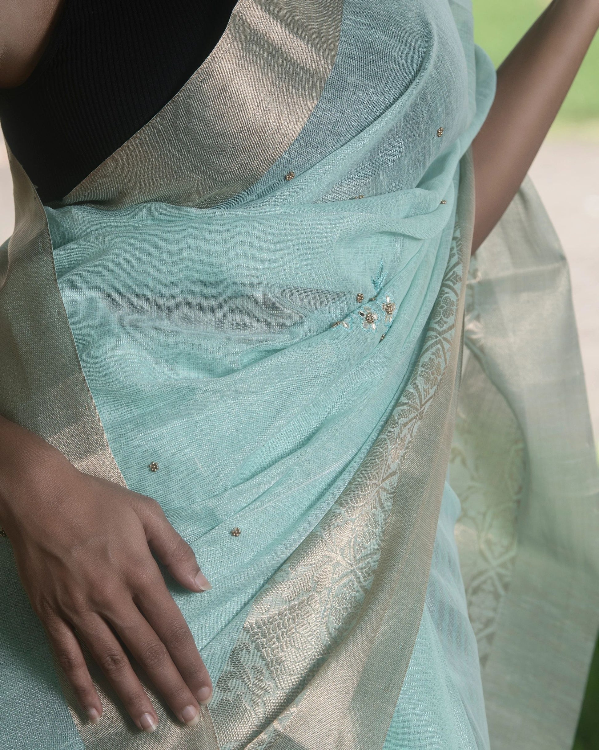 Sea Green Embellished Jute Saree