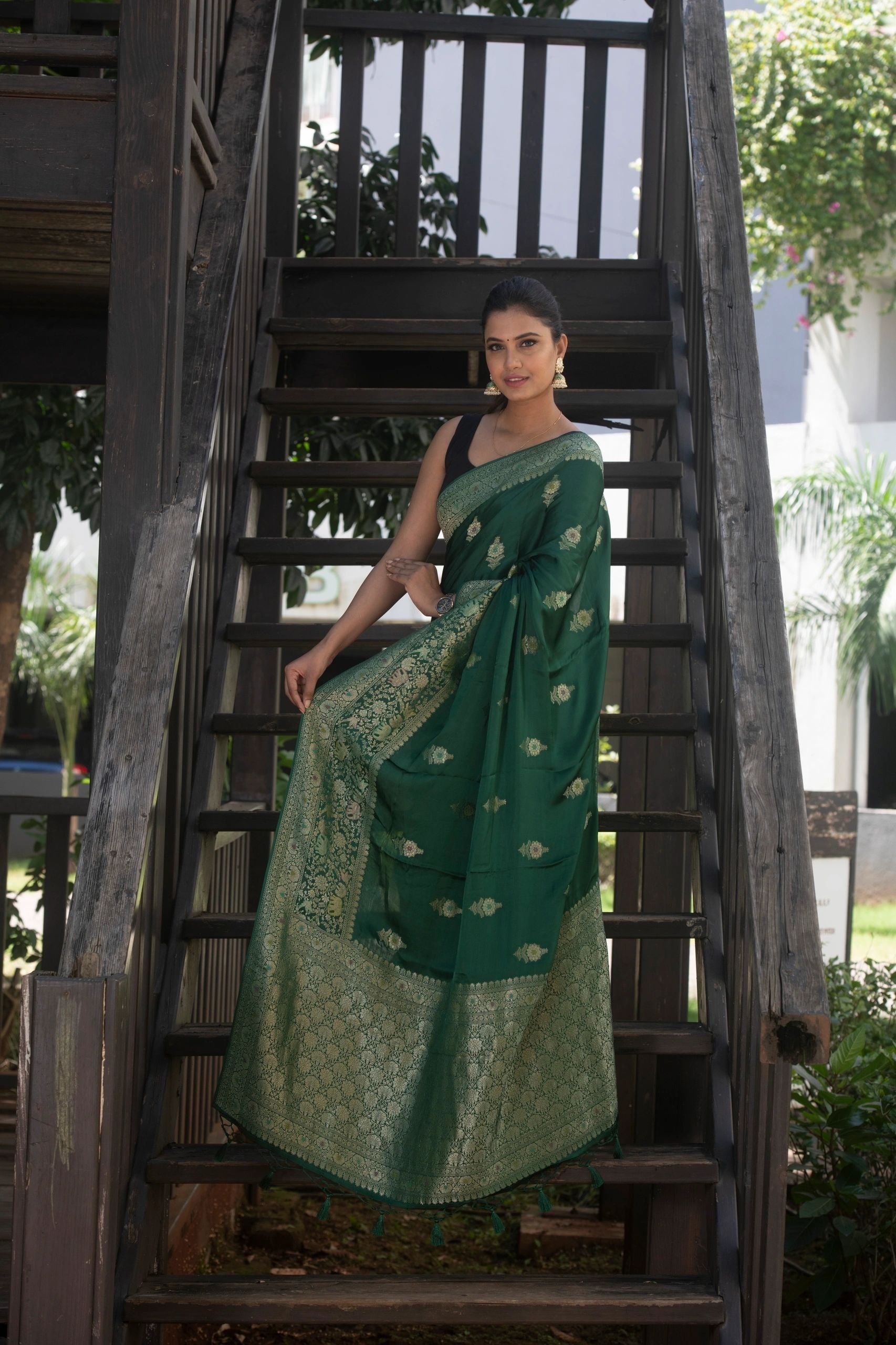 Bottle green satan silk saree | Weave Owl handwoven in banaras