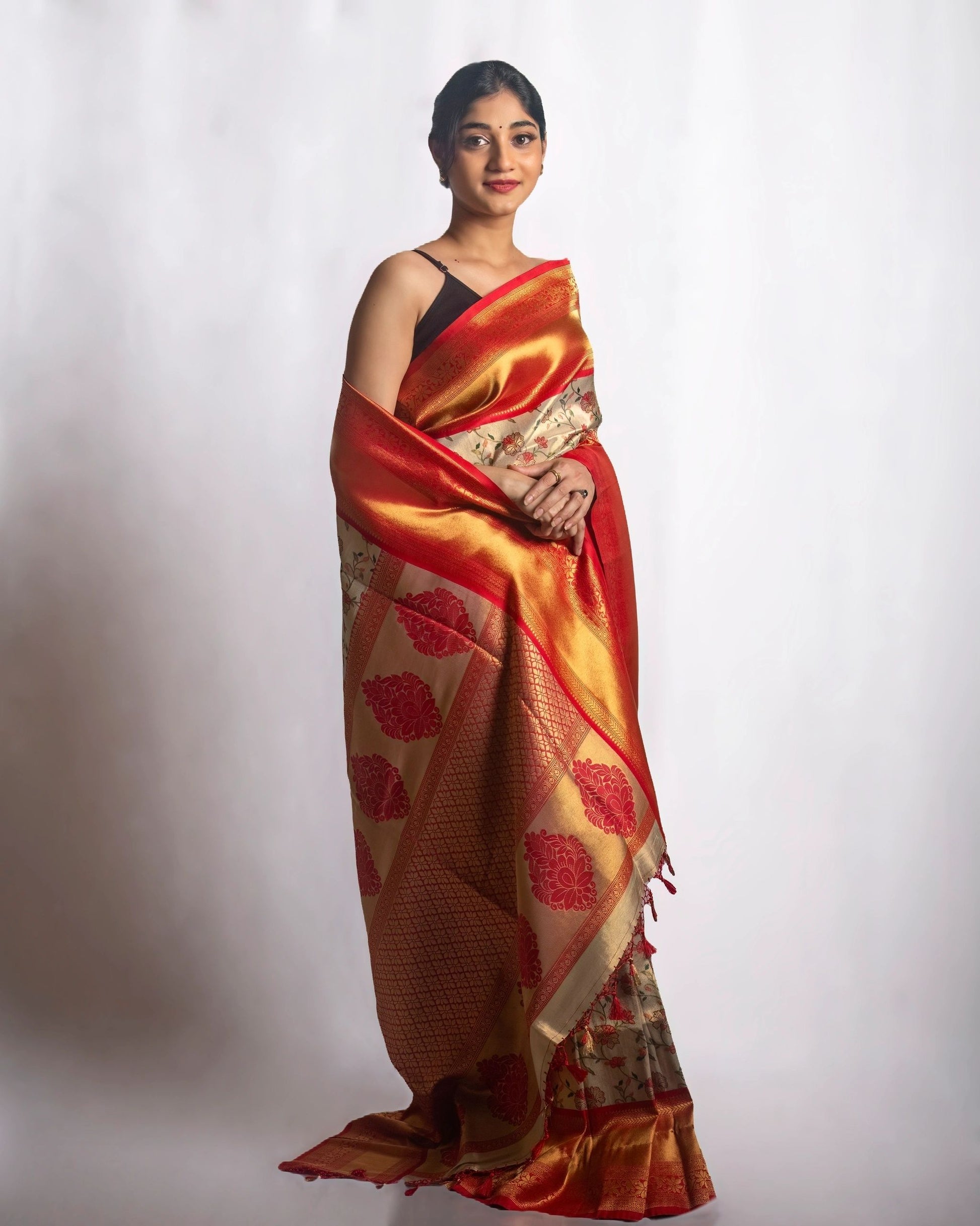 Auspicious Creme and Red Saree