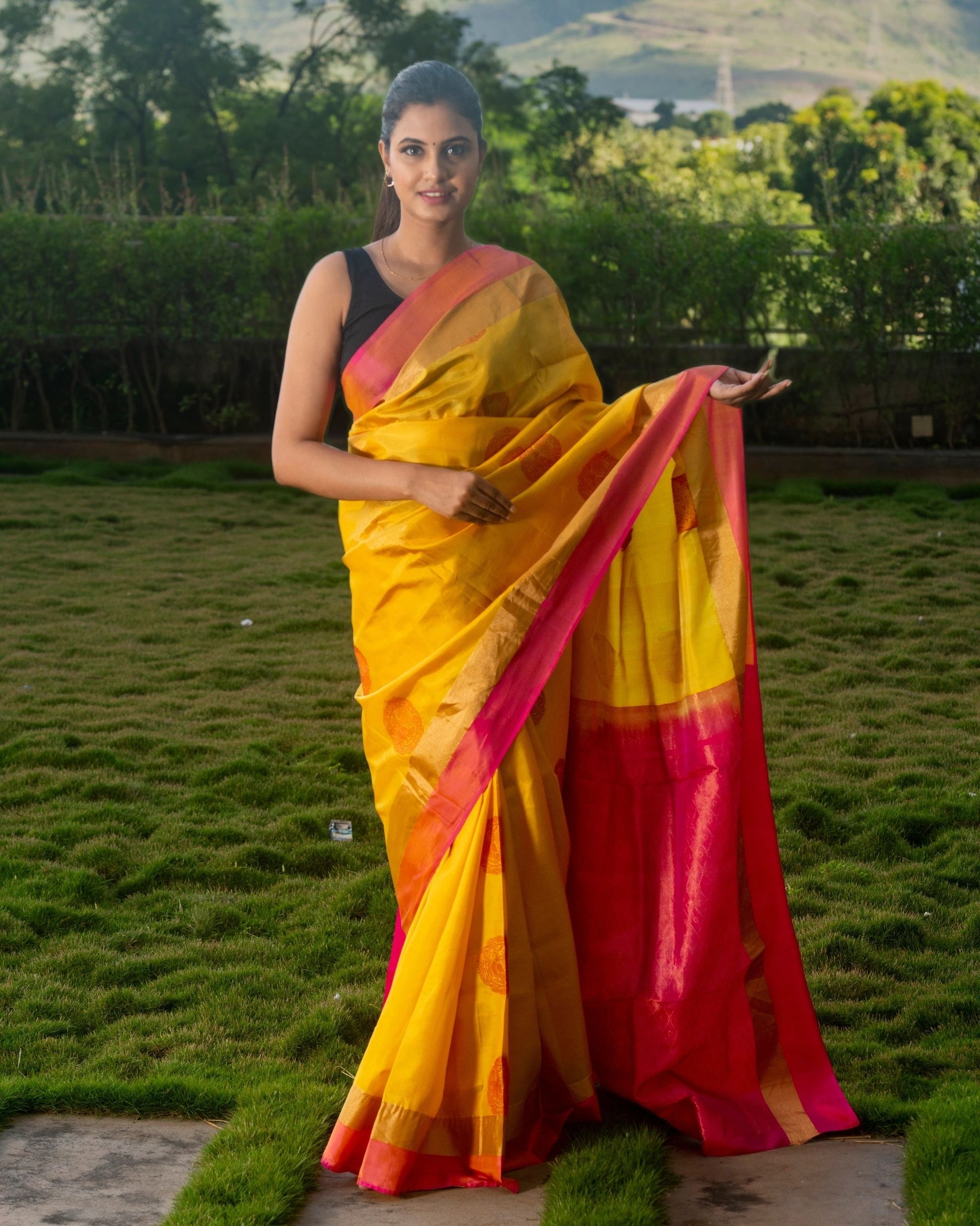 Auspicious Yellow and Pink Silk Saree