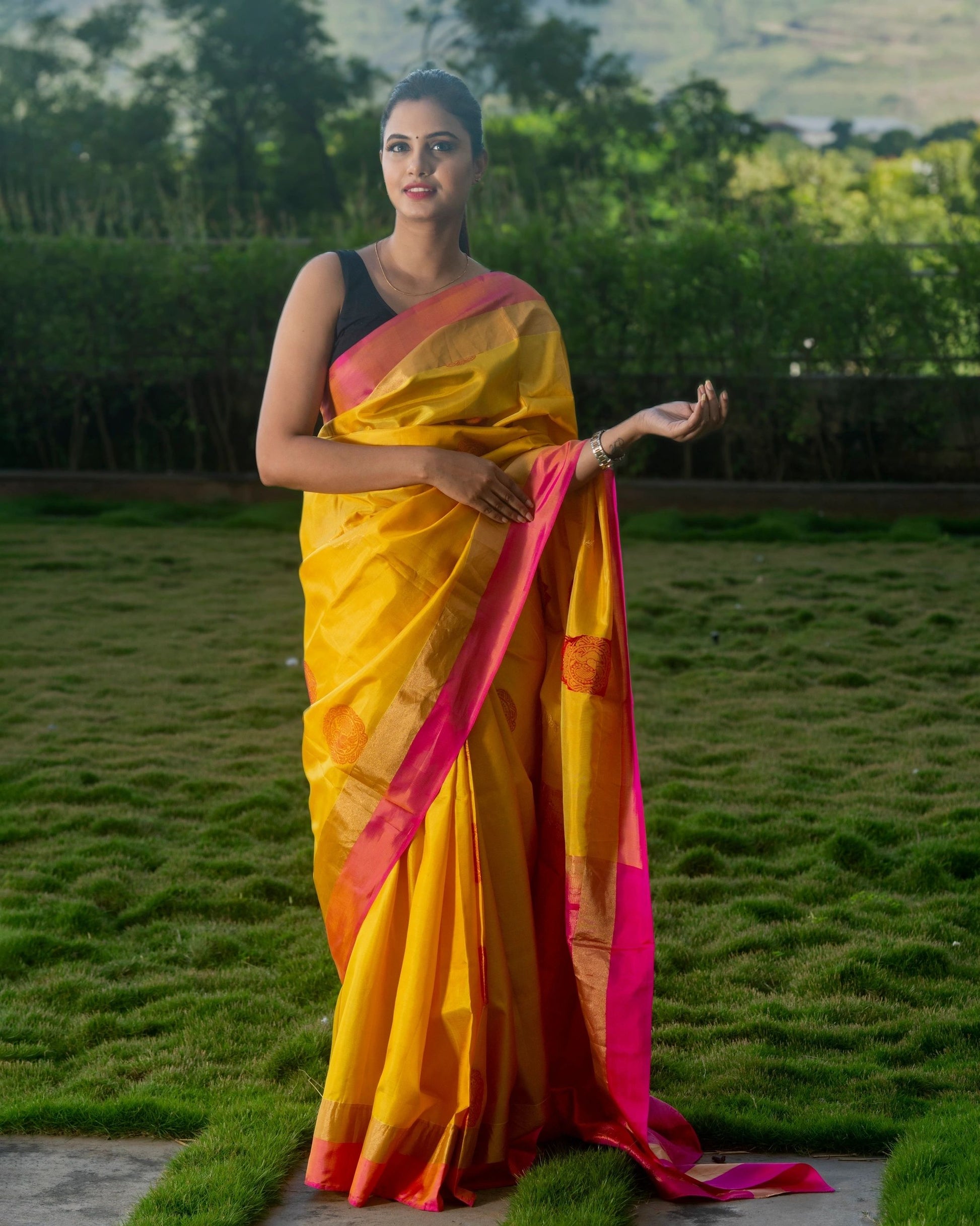 Auspicious Yellow and Pink Silk Saree