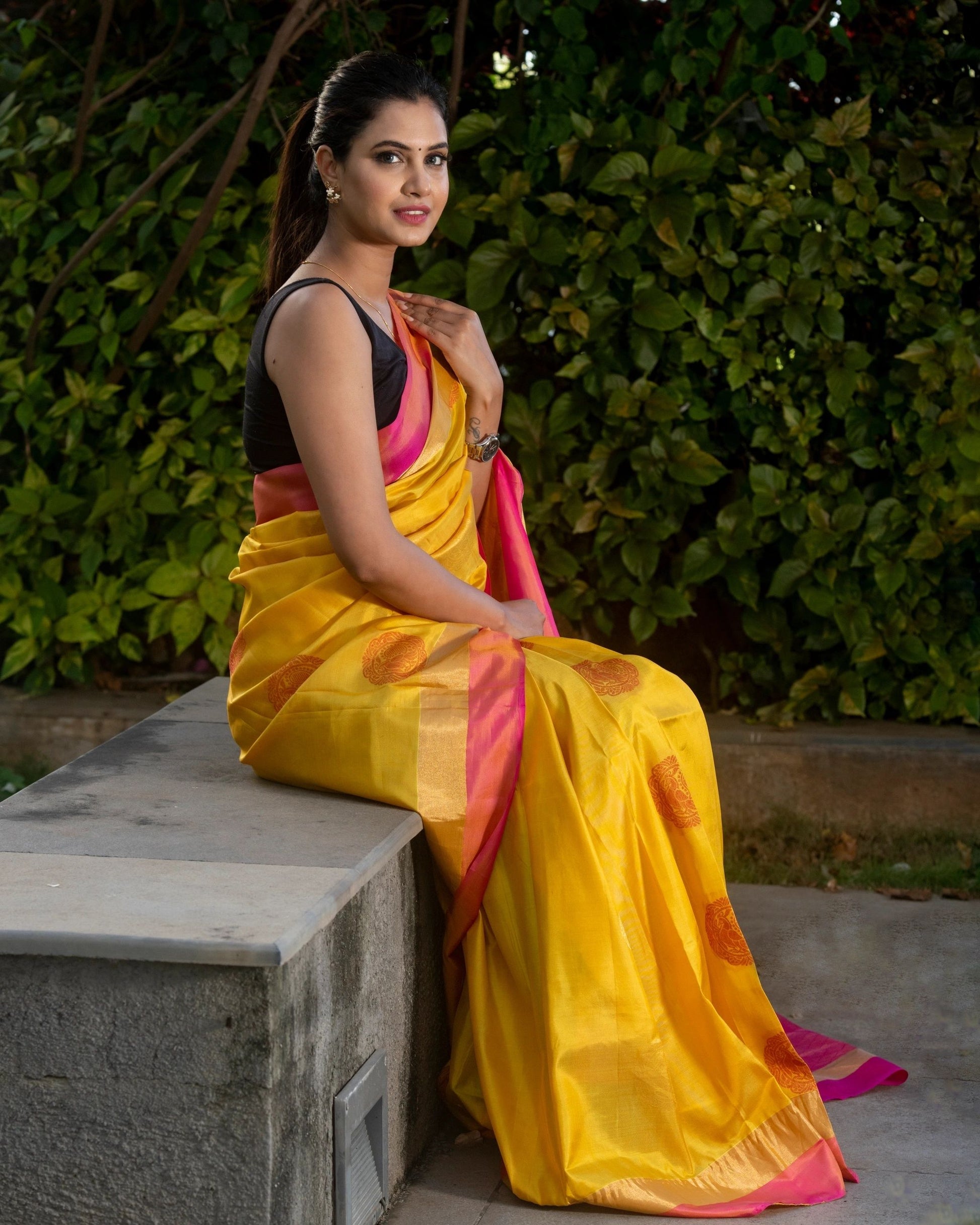 Auspicious Yellow and Pink Silk Saree