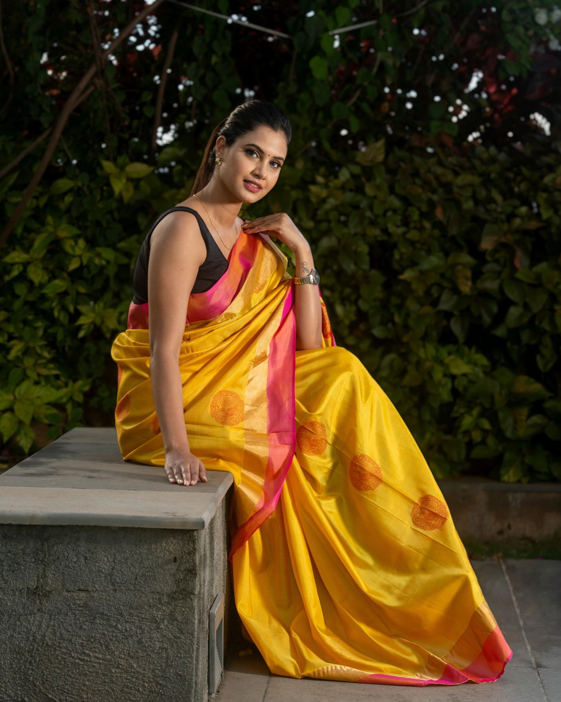 Auspicious Yellow and Pink Silk Saree