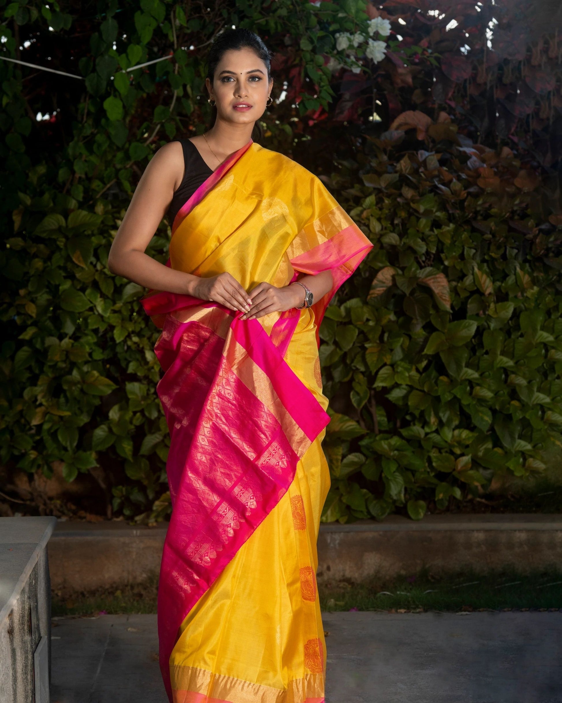 Auspicious Yellow and Pink Silk Saree