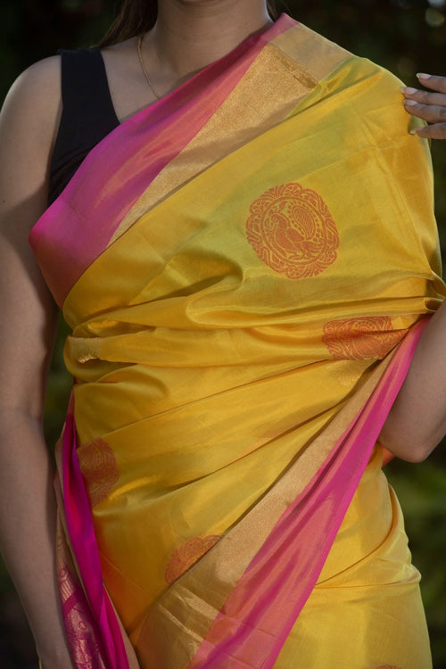 Auspicious Yellow and Pink Silk Saree | Weave Owl handwoven in banaras