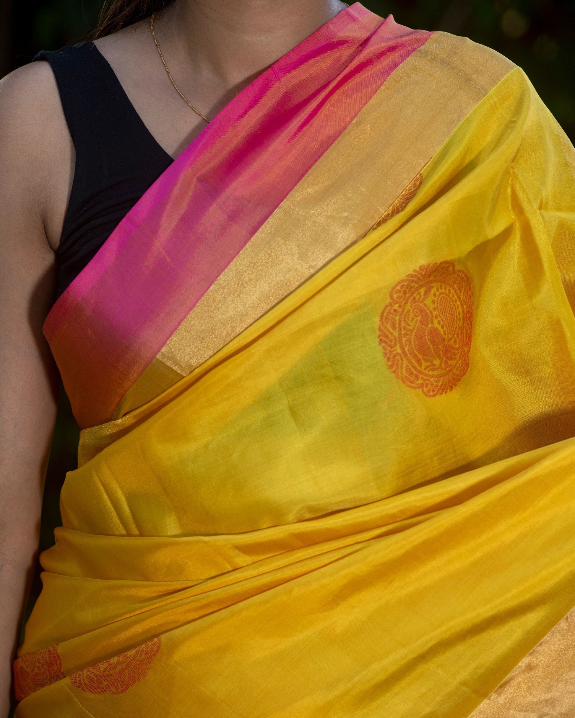 Auspicious Yellow and Pink Silk Saree
