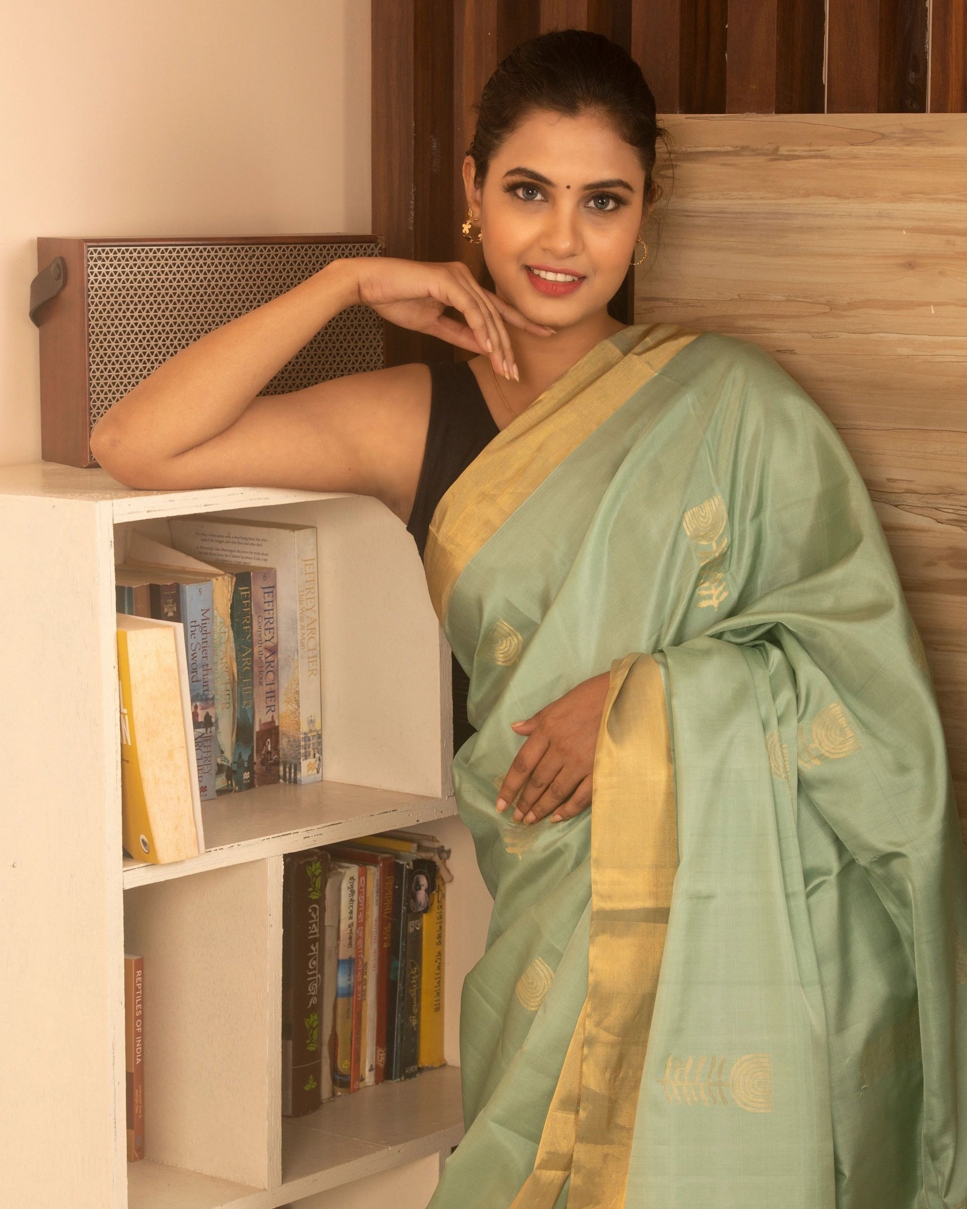 Pistachio Green and Golden Pure Silk