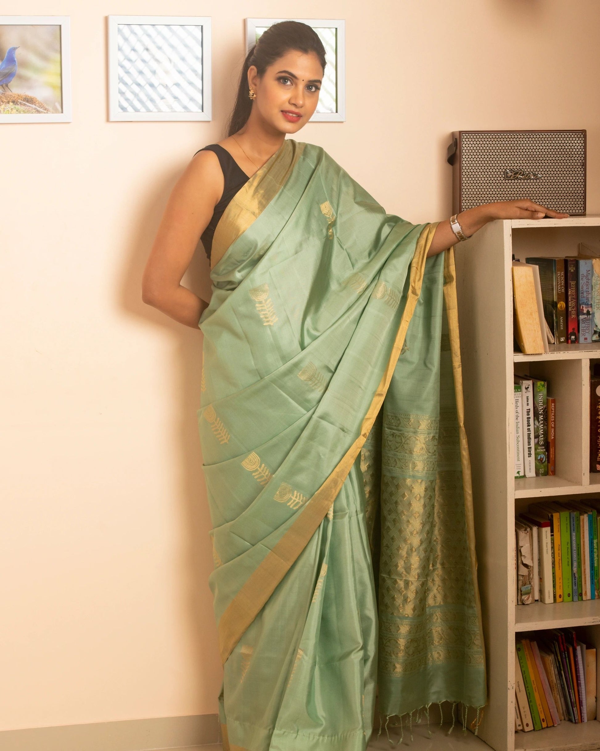 Pistachio Green and Golden Pure Silk
