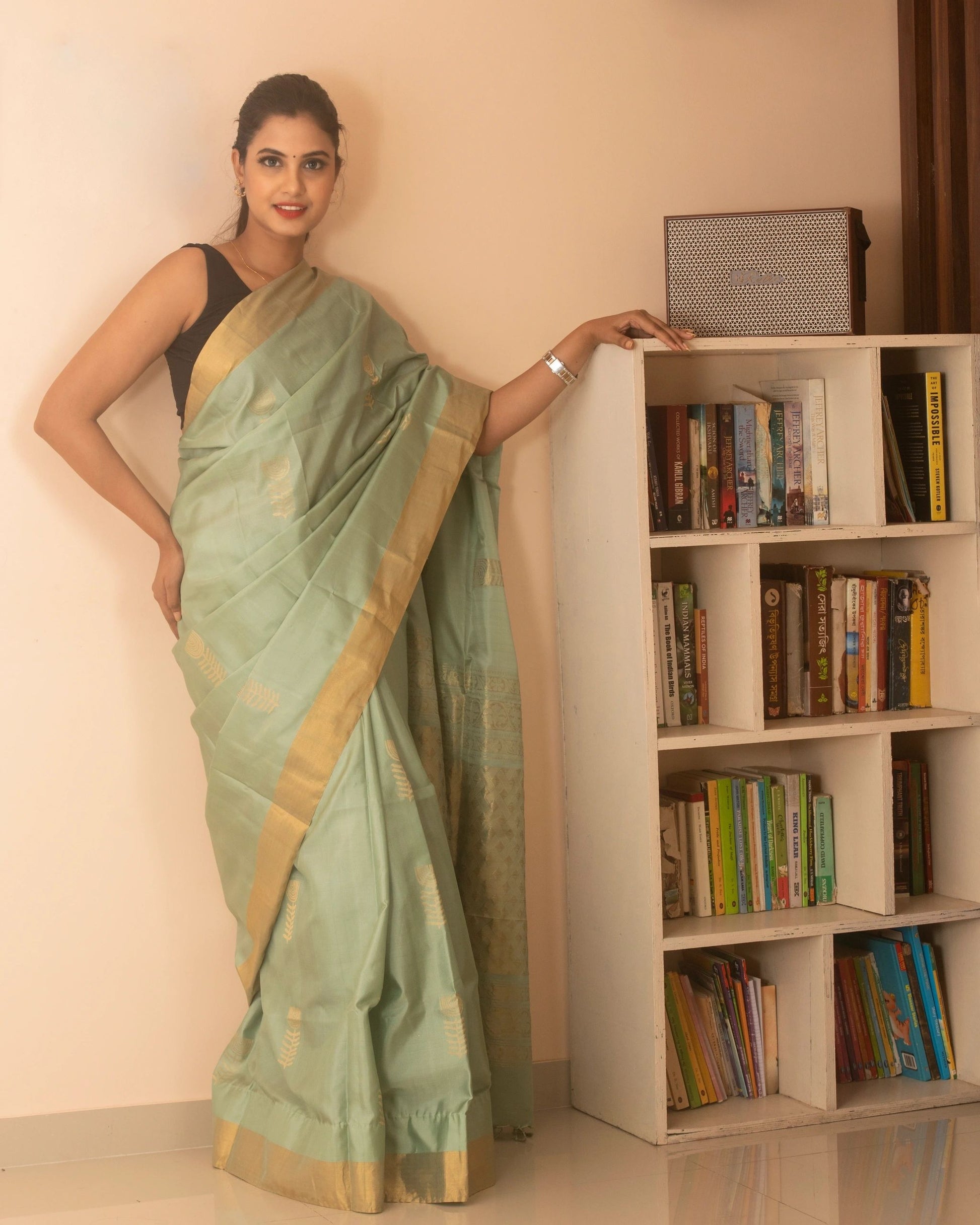 Pistachio Green and Golden Pure Silk
