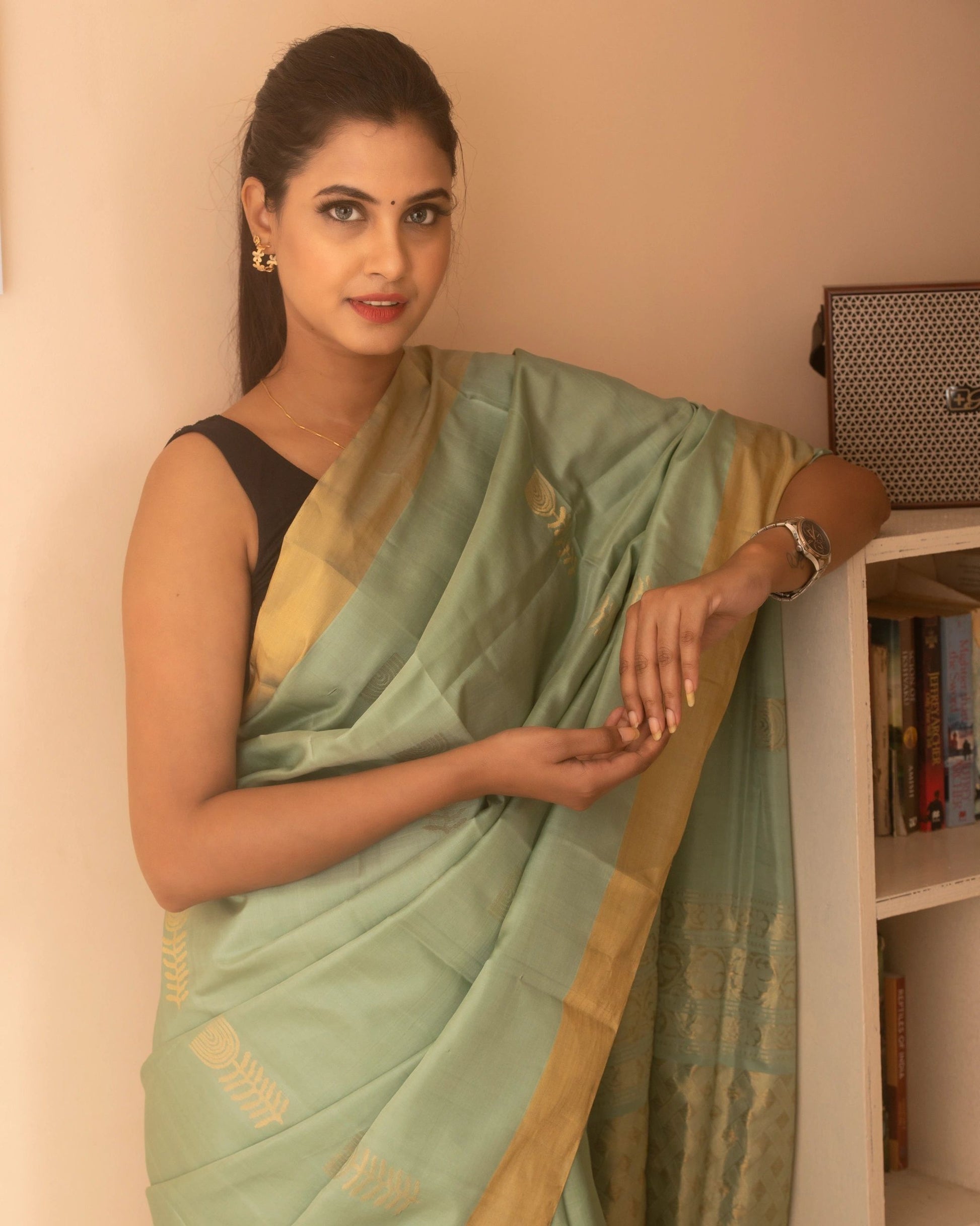 Pistachio Green and Golden Pure Silk