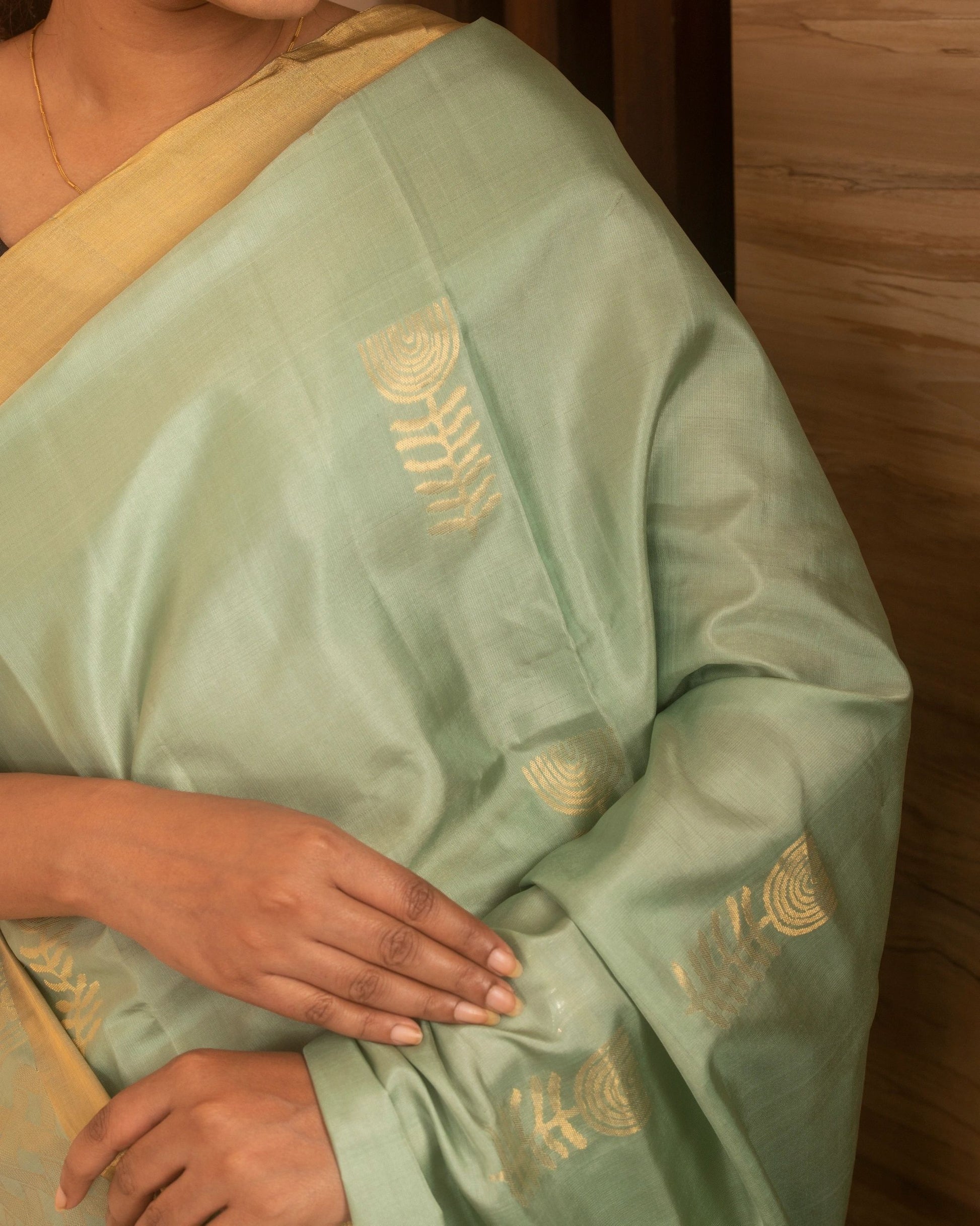 Pistachio Green and Golden Pure Silk