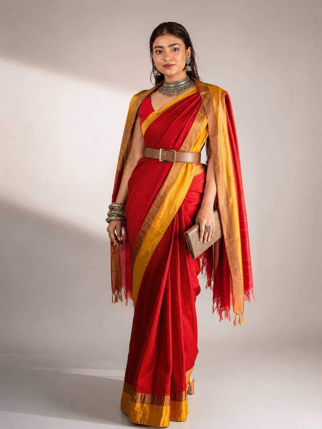 Red and mustard Silk Saree | Weave Owl handwoven in banaras