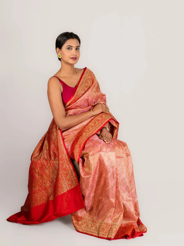Red and Pink Tanchoi Saree