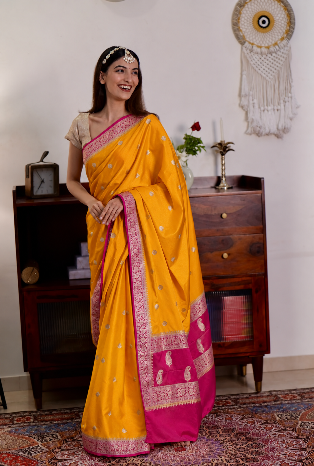 Deep Yellow & Magenta Pink Handwoven Banarasi Mashru Silk Saree