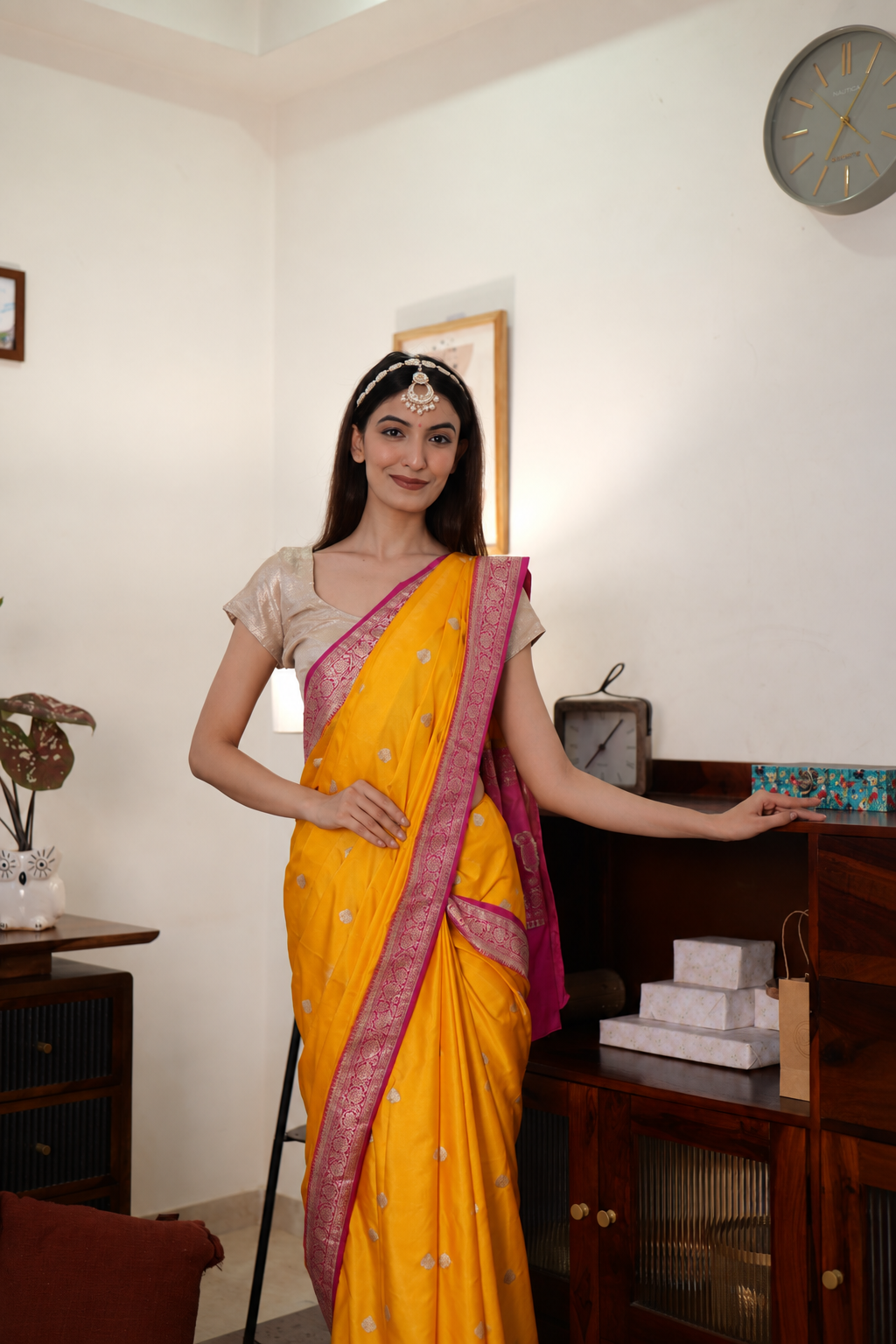 Deep Yellow & Magenta Pink Handwoven Banarasi Mashru Silk Saree