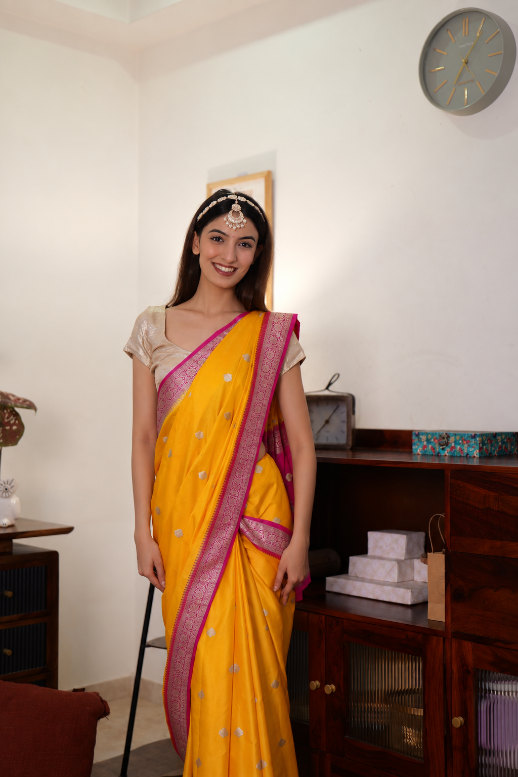 Deep Yellow & Magenta Pink Handwoven Banarasi Mashru Silk Saree