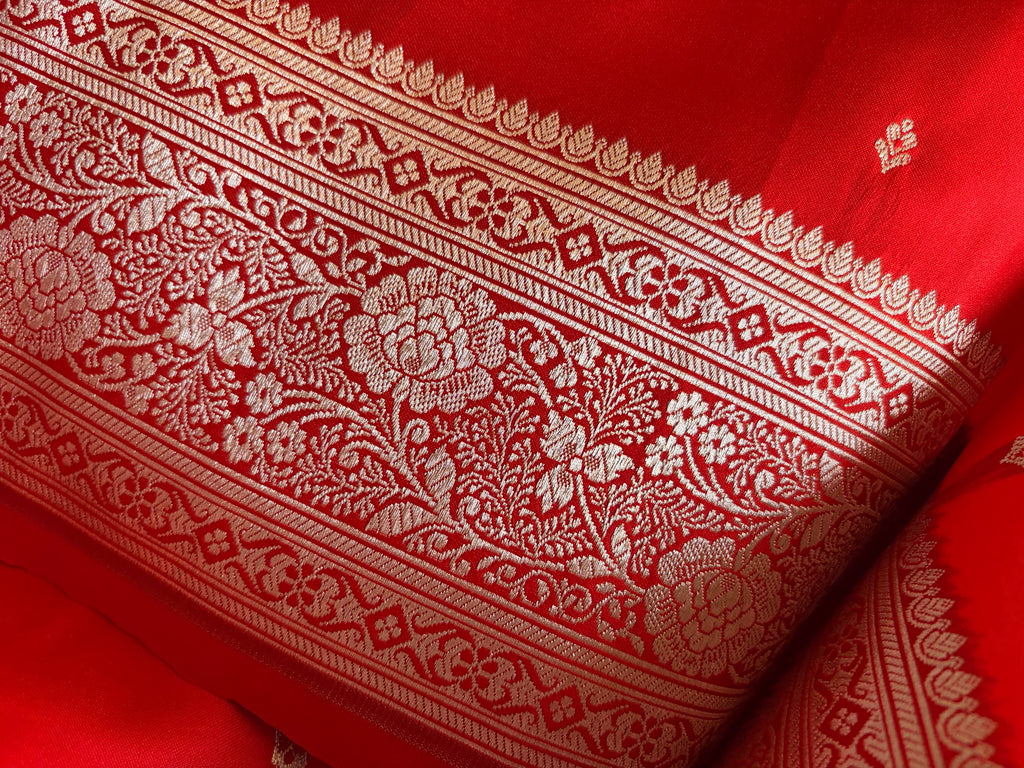 Pure Red Katan Banarasi Silk Saree | Weave Owl handwoven in banaras