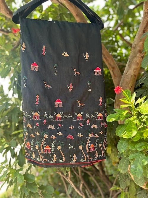 A Black Warli Art Thread Work Cotton Silk Saree