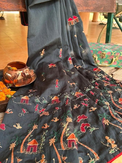 A Black Warli Art Thread Work Cotton Silk Saree