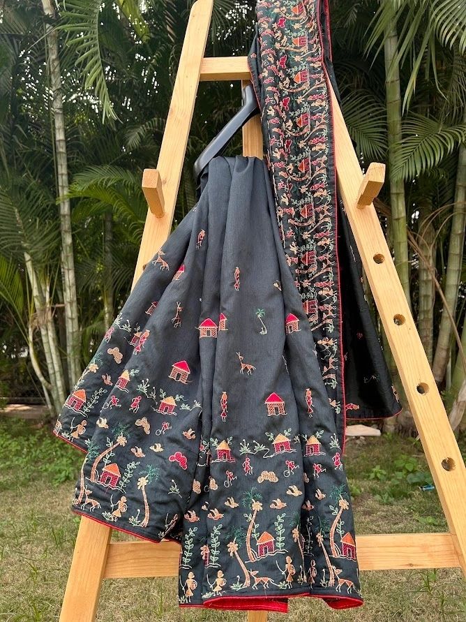 A Black Warli Art Thread Work Cotton Silk Saree