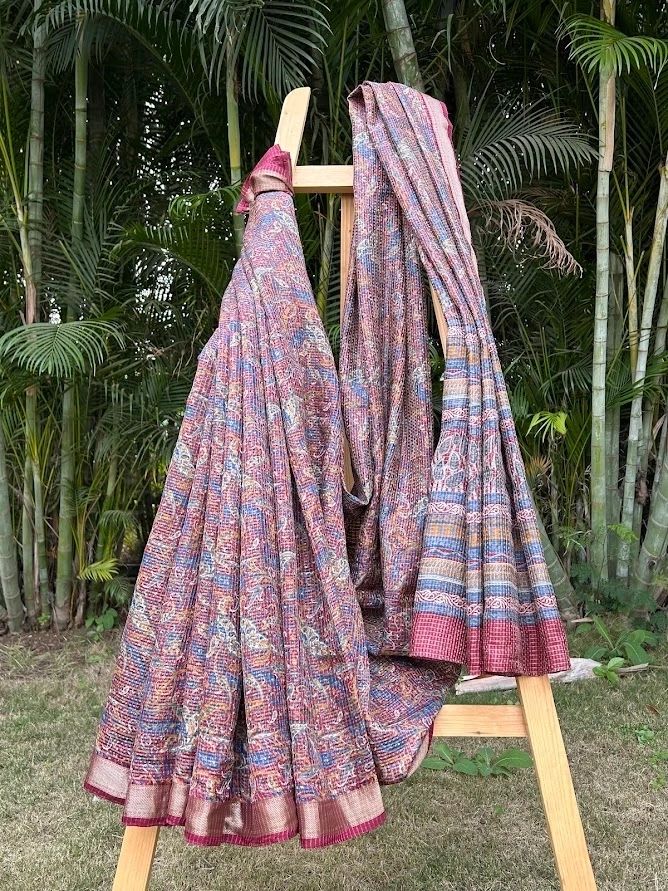 Unique Check Mehroon Saree with Zari Border in Pure Silk