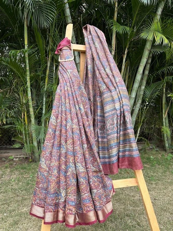 Unique Check Mehroon Saree with Zari Border in Pure Silk