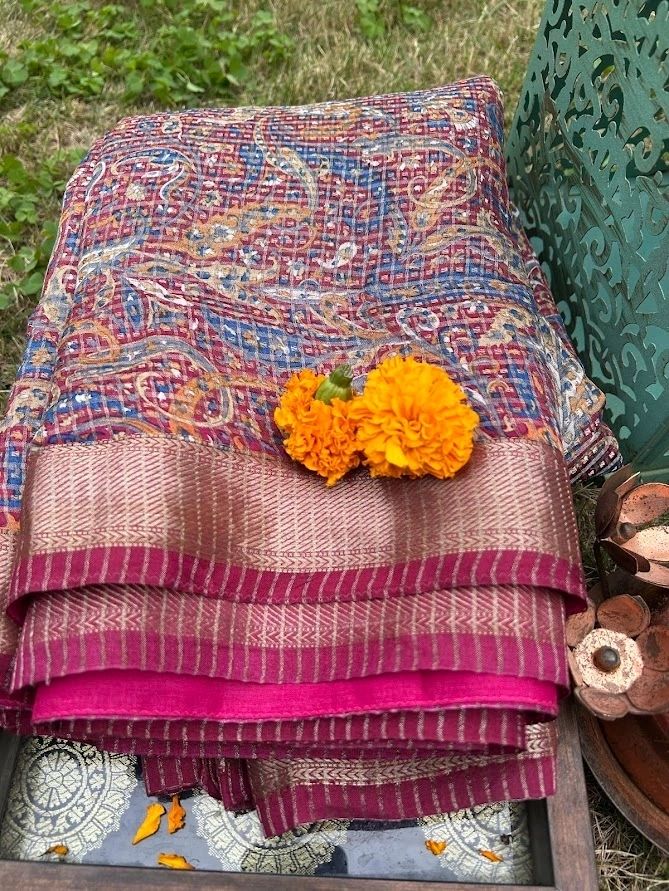Unique Check Mehroon Saree with Zari Border in Pure Silk