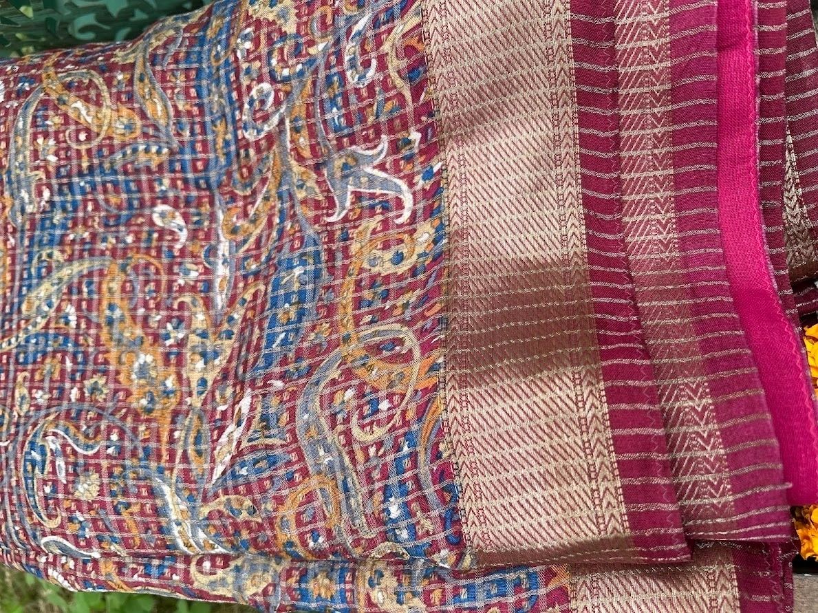Unique Check Mehroon Saree with Zari Border in Pure Silk