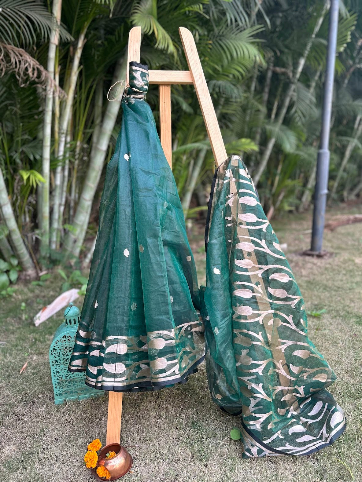 Green Organza Saree with Gold Leaf Detailing