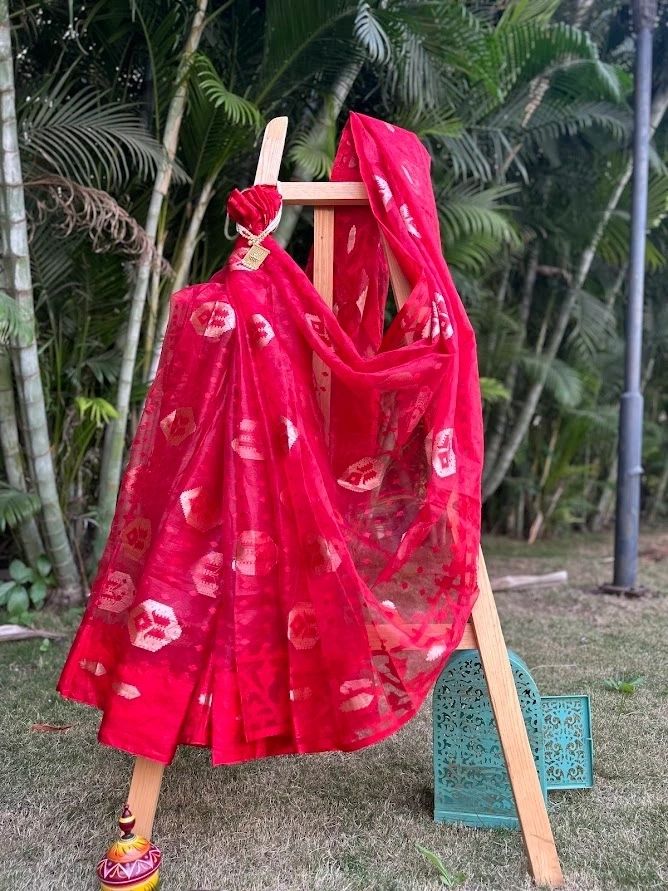 Bright Red Organza with Golden Hexagonal Design Silk Saree