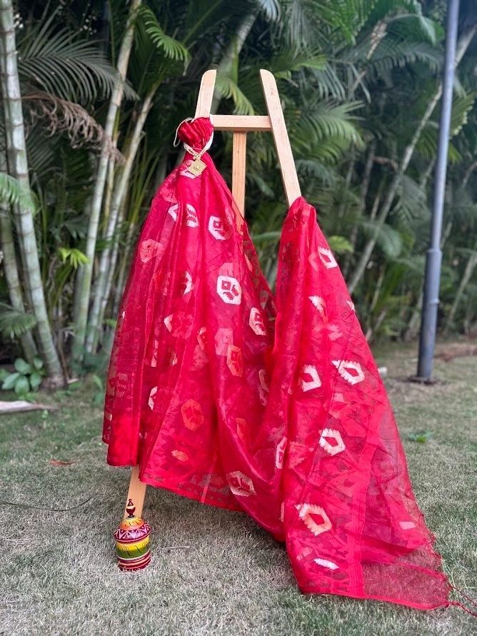 Bright Red Organza with Golden Hexagonal Design Silk Saree