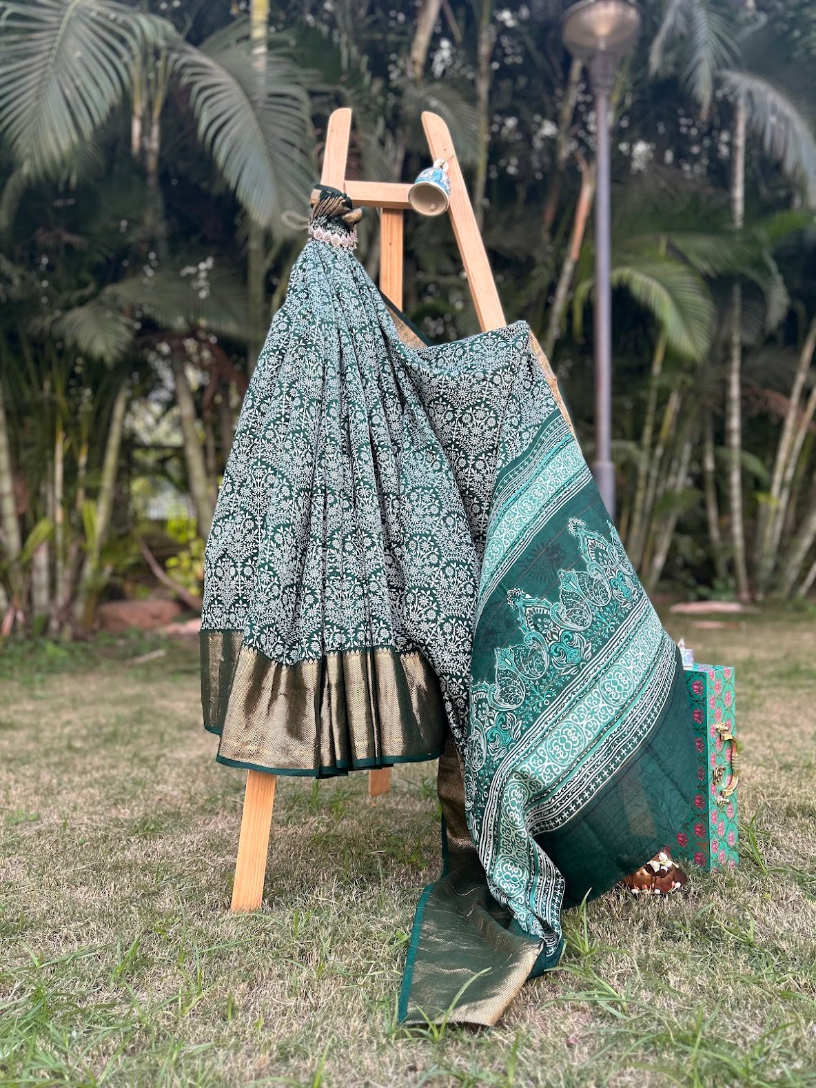 Pure Silk Green Saree with White Leaf Print