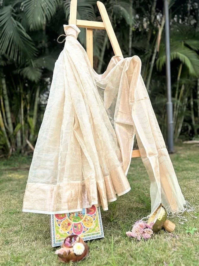 Organza Cream & Golden with Abstract Design